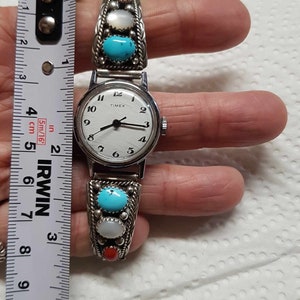 Navajo Turquoise and Red Coral Sterling Watch Stretch Band Hallmark SC image 6