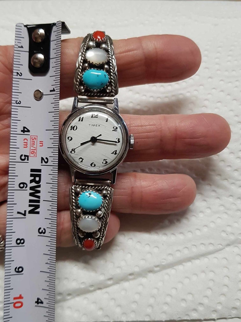 Navajo Turquoise and Red Coral Sterling Watch Stretch Band Hallmark SC image 6