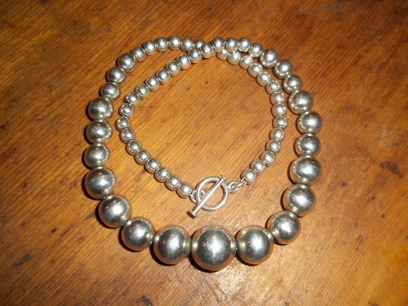 925 Silver Bead Necklace Graduated Beads Stamped with Toggle Clasp 64 Grams Gorgeous for the Holidays