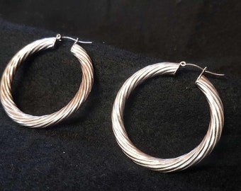 Sterling Silver 925 Italy, Twisted Rope Design Hollow Earrings Circa 1990's