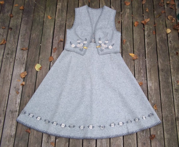 Vintage Embroidered Wool Skirt Set, Handmade 1970s Vest Outfit