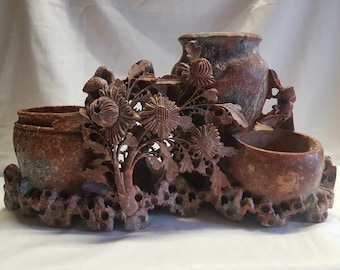 Vintage Chinese Soapstone Vases Brush Pots Intricately Hand Carved Floral Design 19th, 20th Century