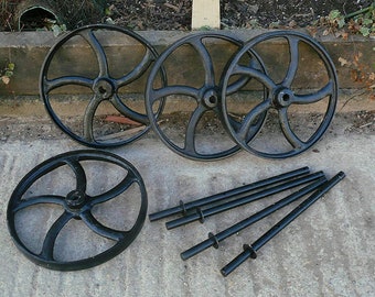 A Set of 4 Black Painted Cast Iron Wheels - Shepherds Huts, Chicken Houses