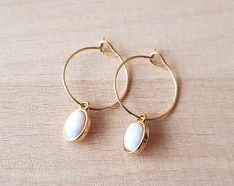 Oval opal, gold hoop creoles, gift for woman, minimalist jewelry, small opal pendant