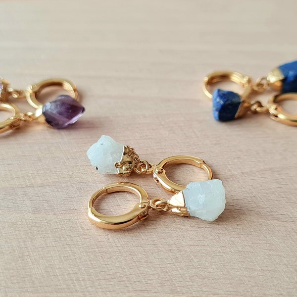 Mini raw stone charm rings, handmade women's jewelry gift, small pendant hoop earrings, natural stone pendant