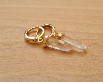 Minimalist hoop earrings, natural stone point pendant, mini quartz gold hoop earrings, handmade jewelry Belgium