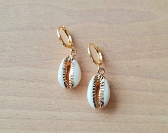 Creole earrings cowrie shell pendant, gift handmade jewelry