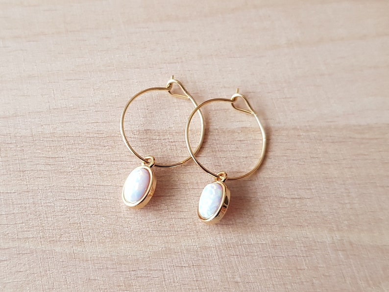 Oval opal, gold hoop creoles, gift for woman, minimalist jewelry, small opal pendant White