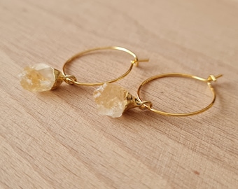 Citrine brute, mini anneaux d'oreille, créoles or pendentif, cadeau bijoux fait main, pierres naturelles, pendentif pierres précieuses