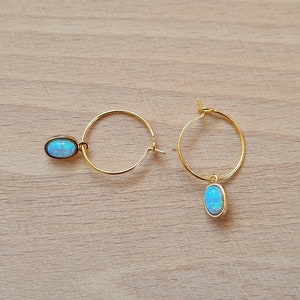 Oval opal, gold hoop creoles, gift for woman, minimalist jewelry, small opal pendant image 10