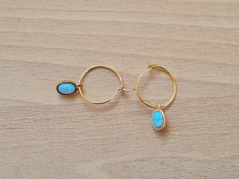 Oval opal, gold hoop creoles, gift for woman, minimalist jewelry, small opal pendant image 10