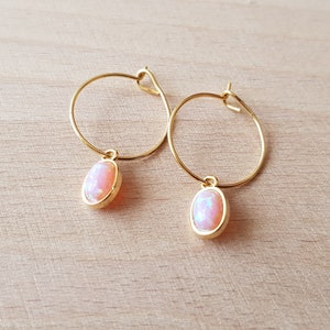 Oval opal, gold hoop creoles, gift for woman, minimalist jewelry, small opal pendant Pink