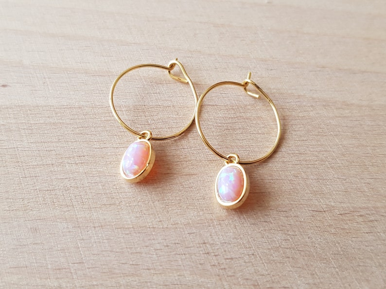 Oval opal, gold hoop creoles, gift for woman, minimalist jewelry, small opal pendant Pink