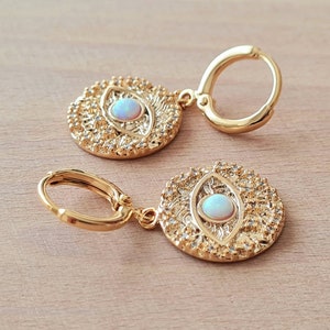 Evil eye medal hoop earrings, opal pearl, boho earrings, mom gift