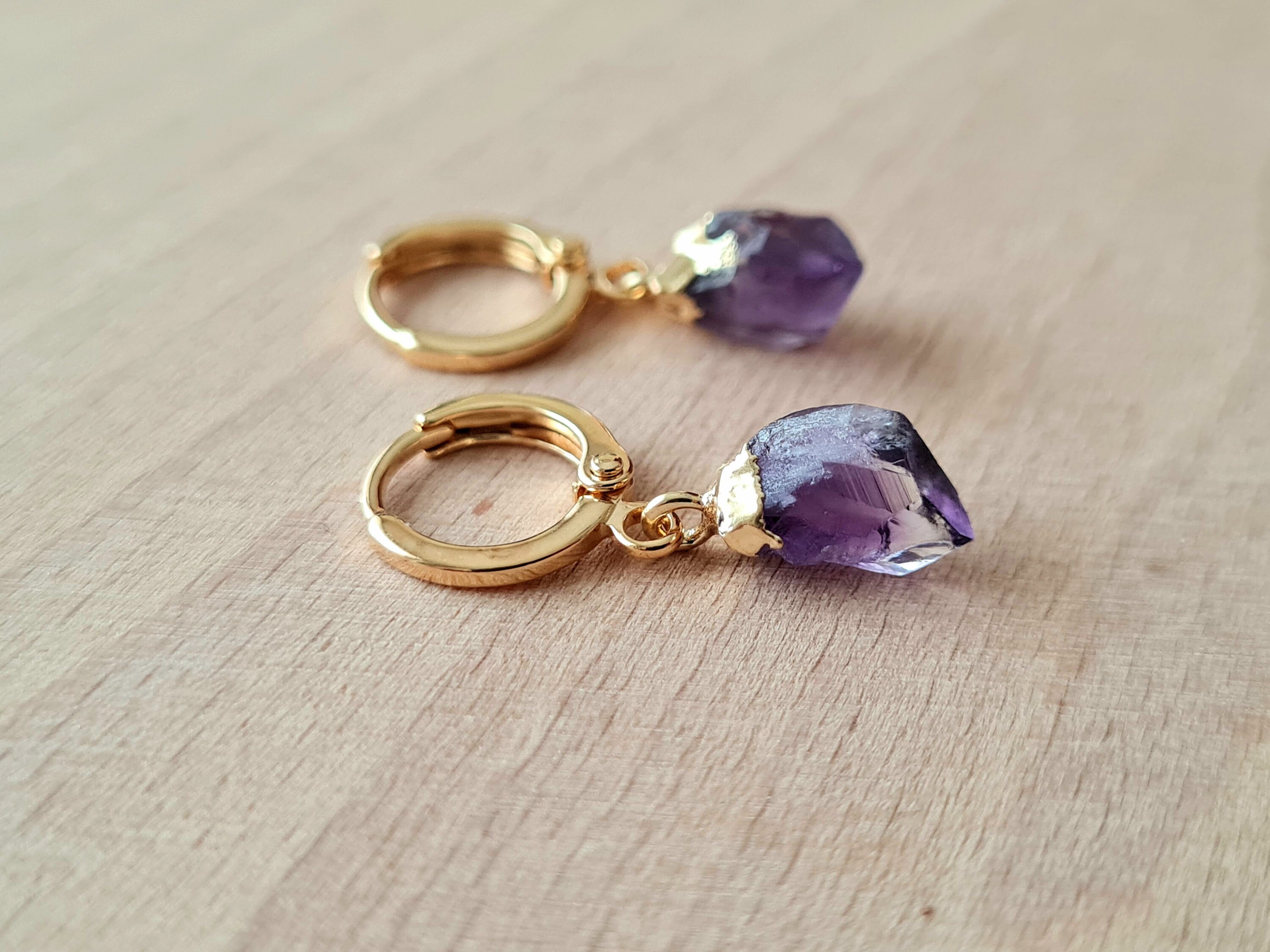 Raw natural stones, raw amethyst drop pendant, small sleeper hoop earrings