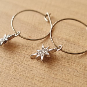 Small silver-colored hoop earrings, North star charm, gold and zircon celestial jewelry, polar star pendant