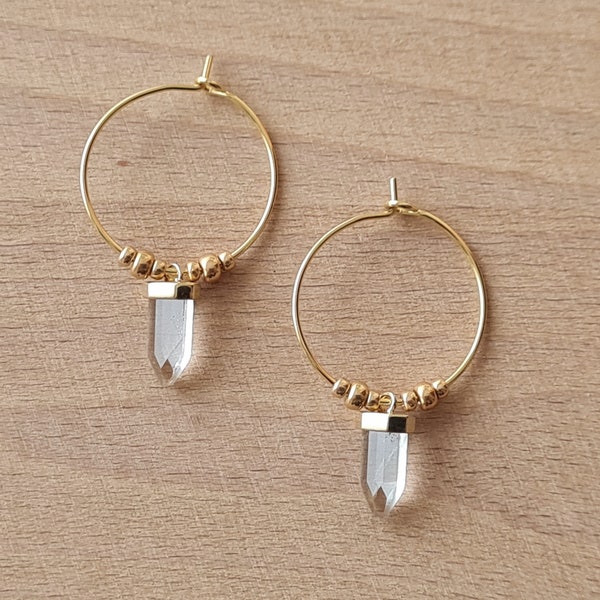 Creoles rock crystal tip - handmade jewelry - small gold pearls - hippie chic boho earrings