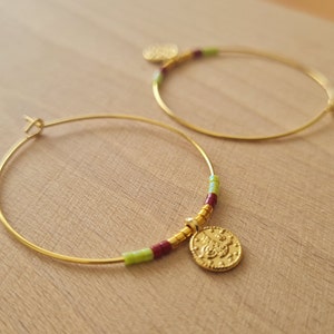 Creoles in miyuki beads, mini antique oriental currency charm, colorful earrings