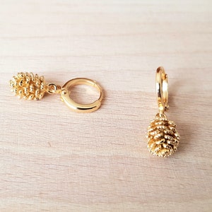 Golden Pinecone, Small Gold Charm Hoop Earrings, Valentine&#39;s Day Gift