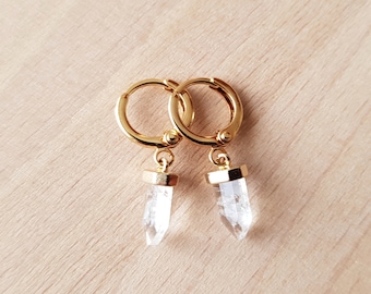 Mini quartz tip hoop earrings