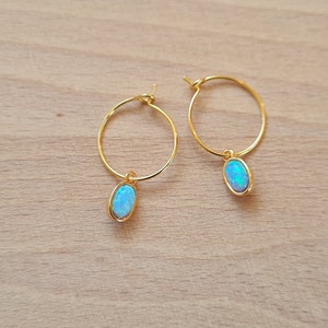 Oval opal, gold hoop creoles, gift for woman, minimalist jewelry, small opal pendant Blue