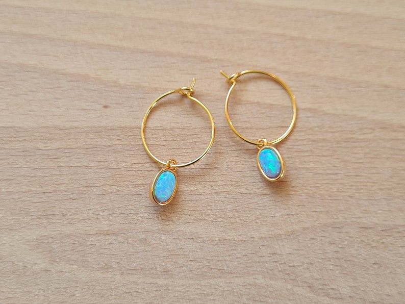 Oval opal, gold hoop creoles, gift for woman, minimalist jewelry, small opal pendant Blue