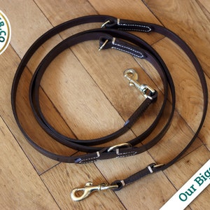May include: A brown leather dog leash with white stitching and two gold metal clips. The leash is coiled on a wooden surface.