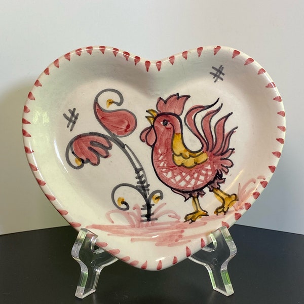 Vintage Red Rooster Hand Painted Italy Heart Dish Ceramic Kitchen Decor Retro Design Trinket Ring Holder Whimsical Decoration Candy Nut Bowl