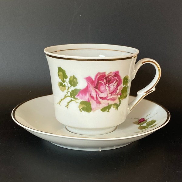 Vintage Teacup Saucer Set Rose Cottage Core Pattern Gold Color Trim Favolina China  Tea Party Decor Lady’s Luncheon Feminine Dainty Cup