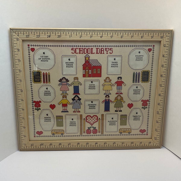 School Days Collectible Collage Frame Wood Ruler Cross Stitch Pattern Country Cottage Style School Picture Display