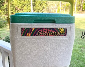 Vintage Coleman Ice Chest Personal Cooler Retro Design 80s Green Multi Color Graphics Drink Holder Summer Removable Lid Insulated Camping