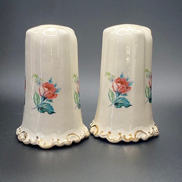 Vintage Handmade Salt And Pepper Shakers Hand Painted 1967 Ceramic Decor Dark Mid Century Pink Roses Kitchen Display Cabinet Maker Signed