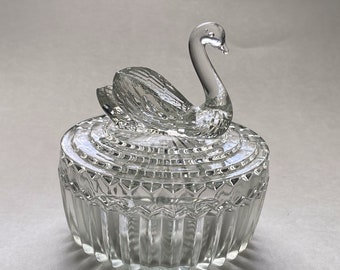 Glass Swan Jewelry Trinket Box Round Sawtooth Edge Decorative Storage Dresser Decor Ring Candy Nut Dish Vintage Feminine Catch All