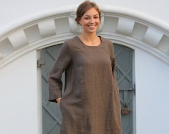 Washed linen dress / Summer dress / Linen dress / Wood brown linen dress