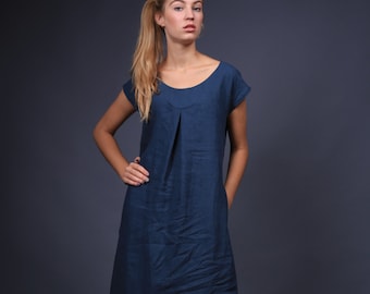 Linen dress / washed linen dress / linen dress in navy blue / linen top / Summer dress / linen dress with decoration