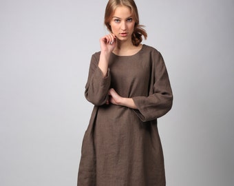 Linen dress Camila / Knee length linen dress / Round neck linen dress with pockets