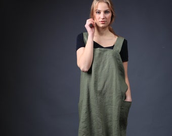 Cross back linen apron Sophia, Linen pinafore apron, Linen apron dress