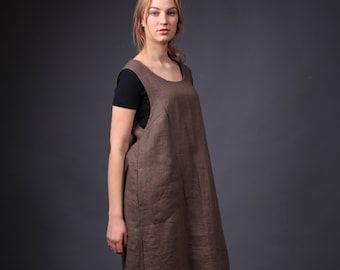 Robe de travail en lin, Robe de travail en tablier, Robe en lin naturel, Robe en lin, Robe surdimensionnée