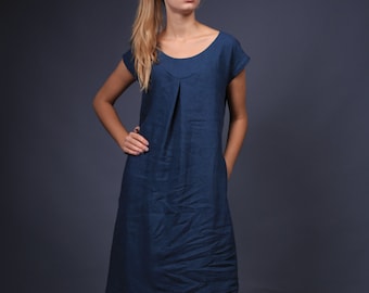 Linen dress / Washed Flax dress with pockets / Linen dress with decoration