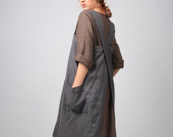 Linen Pinafore apron, Square Cross Linen Apron, Linen tunic apron, Work dress, Japanese Apron, Washed long apron with deep pockets, Linen