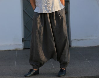 Linen pants / Washed linen pants / Loose linen trousers / Linen cropped pants / Drop crotch trousers / Harem linen pants / Yoga pants