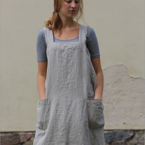 Linen pinafore apron, Linen apron dress, Square Cross linen apron, Wrap linen apron