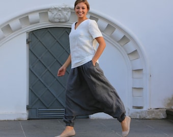 Linen pants / Linen harem pants / Loose linen trousers / Linen pants with elastic waist and pocket