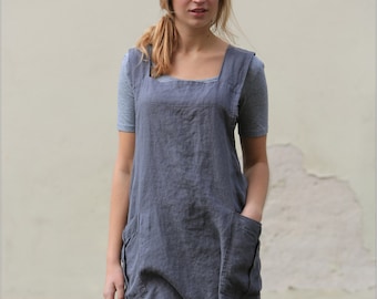 Crossover linen pinafore apron, Linen apron dress