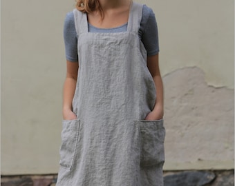 Linen pinafore / Pinafore dress / Square cross linen apron / Japanese apron / Washed long apron / loose linen tunic