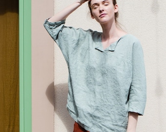 Kimono style linen top in V neck / Loose linen top IN DESERT SAGE