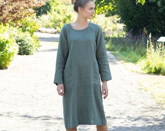 Linen dress with pockets and long sleeves, Linen dress, Work linen dress, Casual linen dress