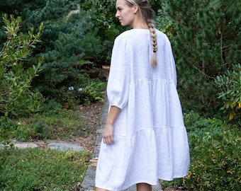 Petite tiered linen dress, Linen puff 3/4 sleeve dress, Linen dress