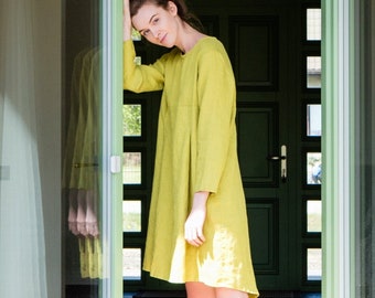 Linen dress, Sustainable linen dress, Loose casual asymmetrical linen dress with pockets