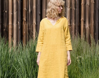 Linen dress / Linen dress in V neck / Washed linen tunic